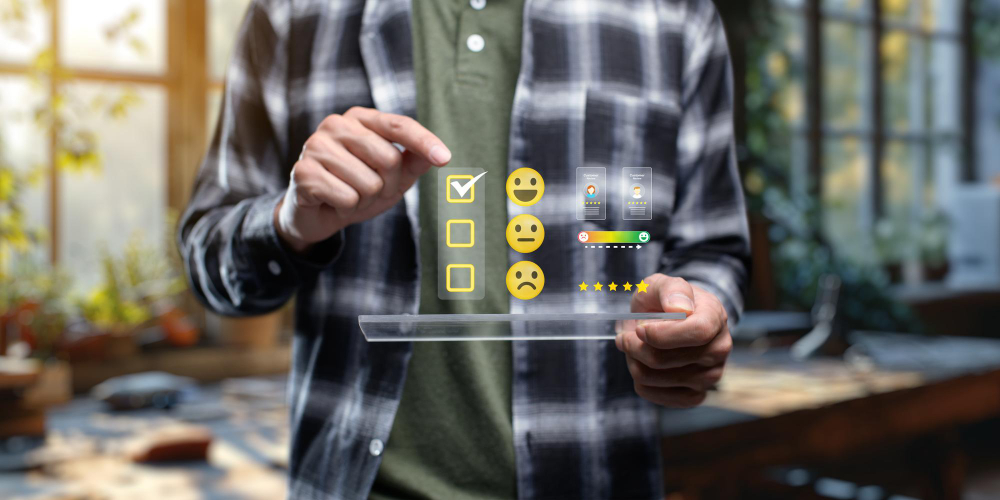 Usuario seleccionando valoración de satisfacción en interfaz con emoticones