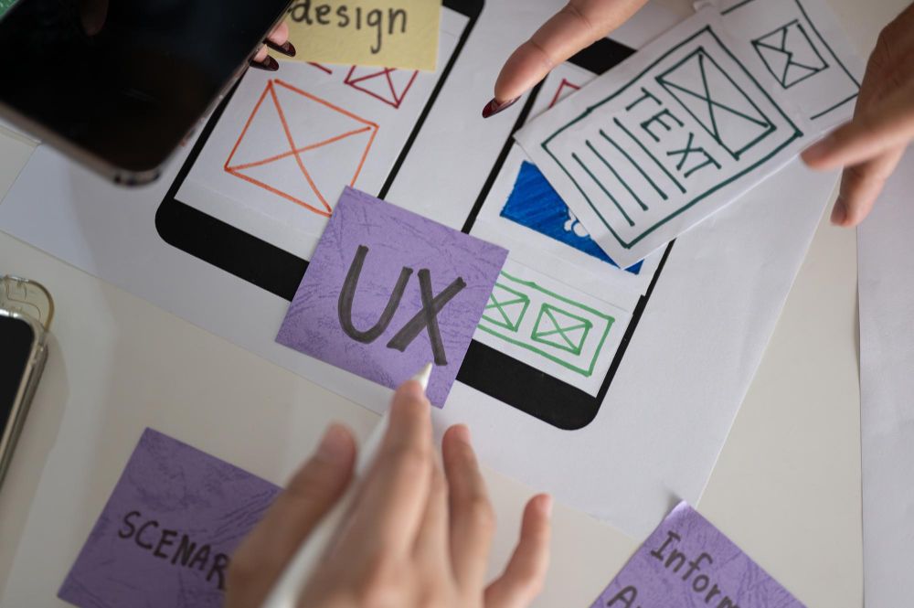 iseño de wireframes móviles y nota “UX” en post-its sobre escritorio